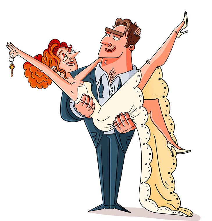 Illustration of a man carrying a woman holding a key.