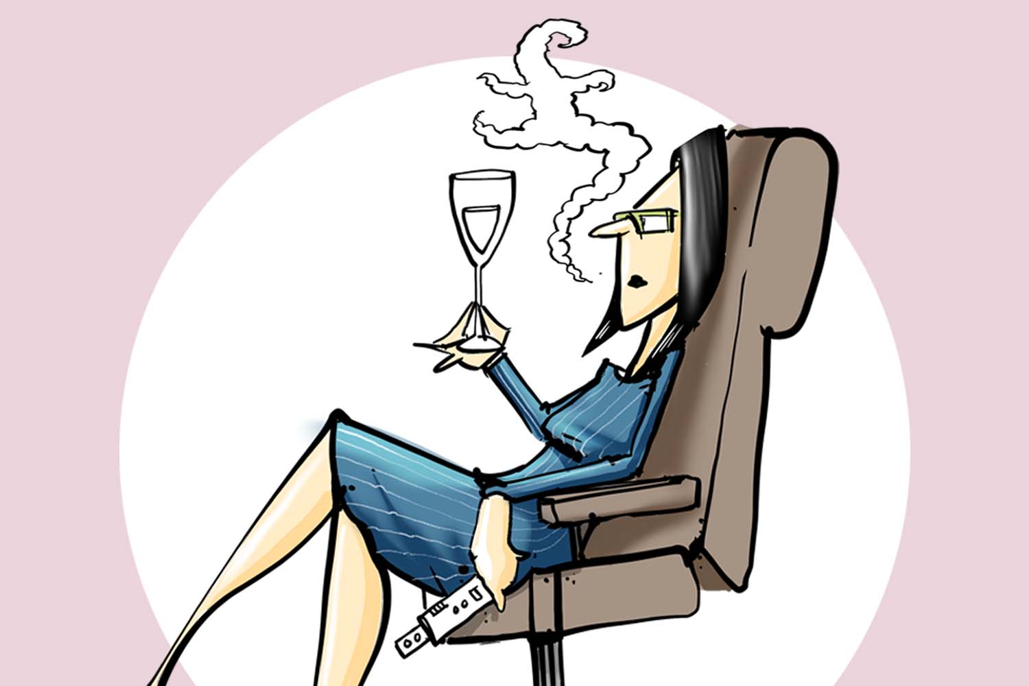 Illustration of a woman in a blue dress holding a champagne glass with a pound sign above it.