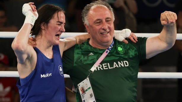 Kellie Harrington of Team Ireland celebrates winning the gold medal with Team Ireland Coach Zauri Antia after the Women's 60kg Final match against Wenlu Yang of Team People's Republic of China on day eleven of the Olympic Games Paris 2024 at Roland Garros on August 06, 2024 in Paris, France. (Photo 