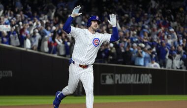 Oct 9, 2025; Chicago, Illinois, USA; Chicago Cubs right fielder Kyle Tucker (30) reacts after hitting a home run against the Milwaukee Brewers during the seventh inning for game four of the NLDS round for the 2025 MLB playoffs at Wrigley Field. Mandatory Credit: David Banks-Imagn Images