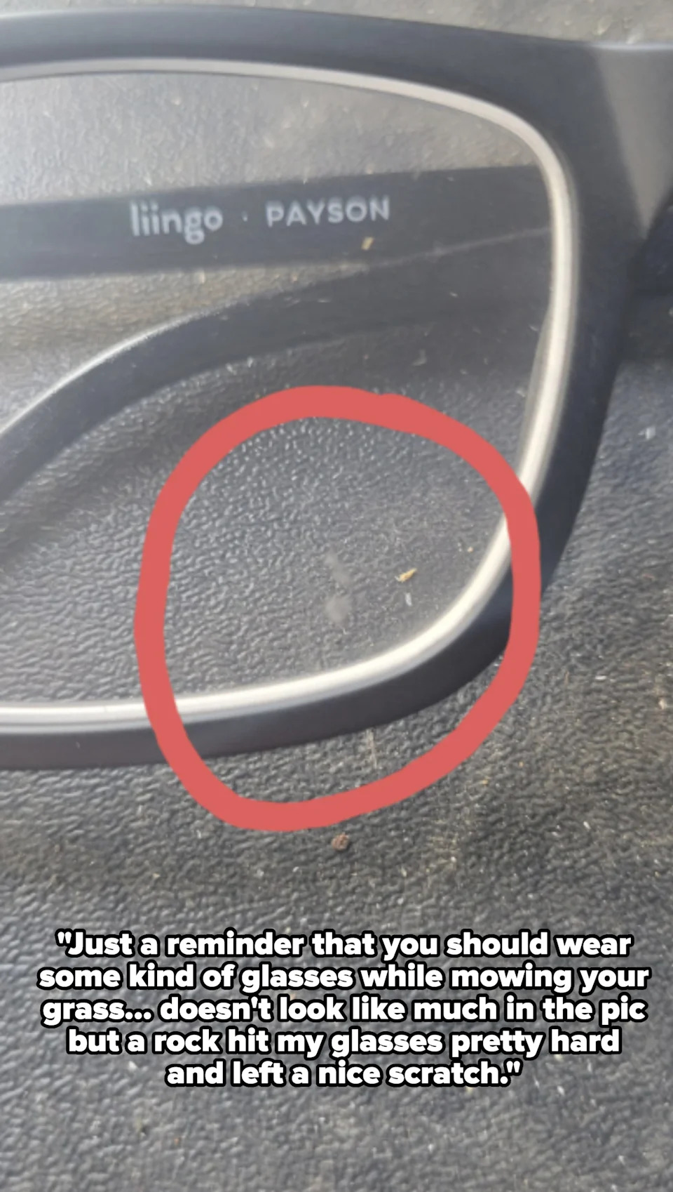 Close-up of black glasses with "liingo PAYSON" on the arm, red circle highlighting a small speck on the lens