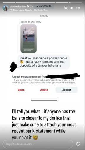 An online dating message shared by tennis star Danielle Collins.