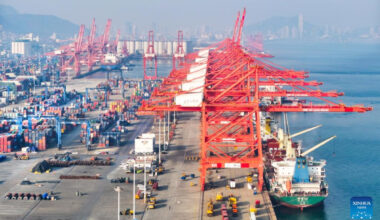 An aerial drone photo shows the container terminal of Lianyungang Port in east China