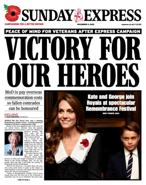 The headline on the front page of the Express reads: “Victory for our heroes”.