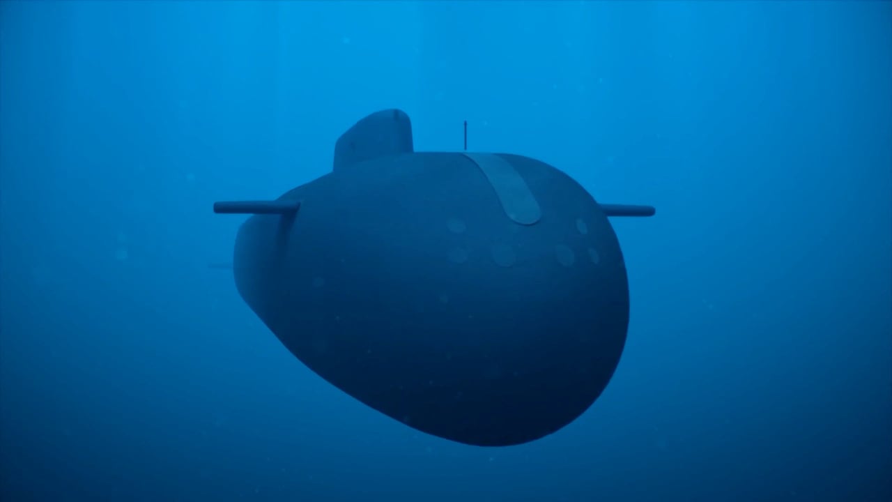 A blue cylindrical vessel with fins, on a blue background