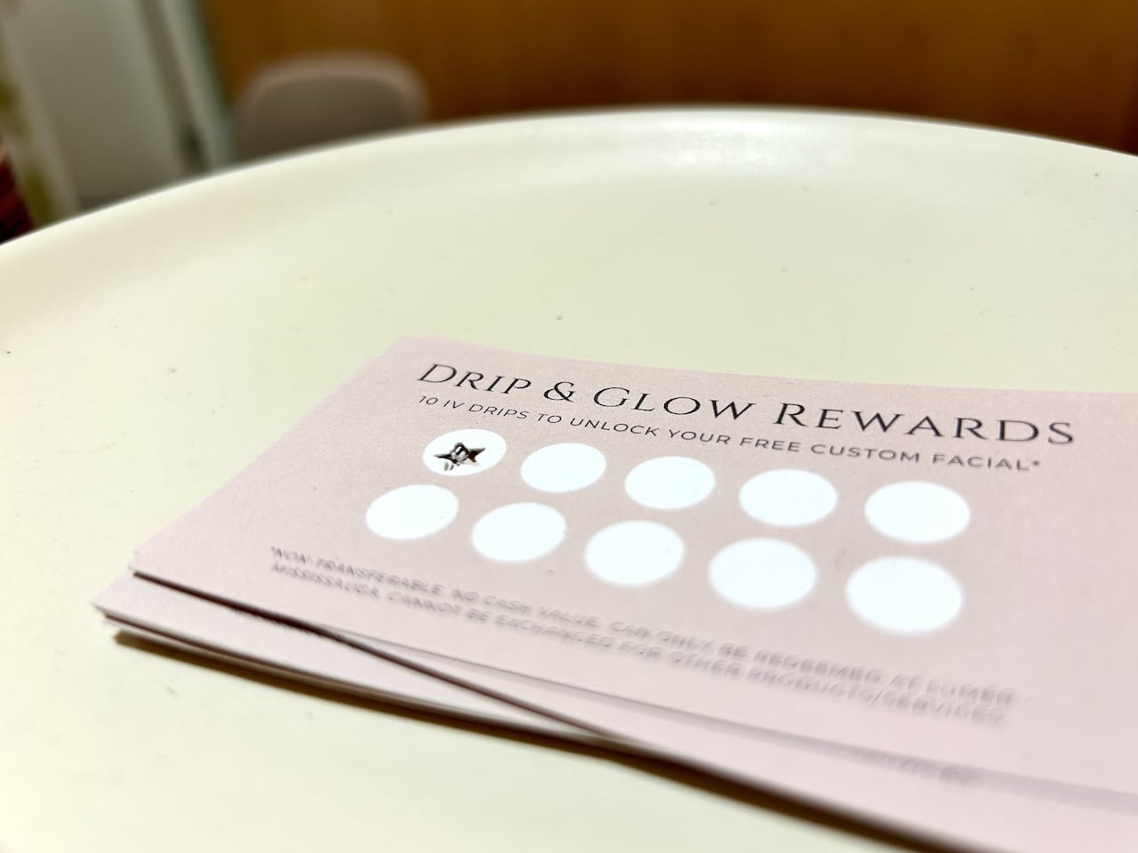 An IV drip reward card at Timeless Health Clinic, a private wellness facility in Mississauga, Ont.