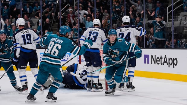 Celebrini takes NHL points lead as Sharks top Jets 2-1