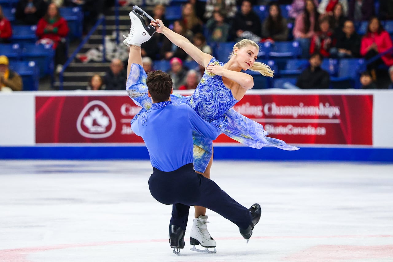 A figure skating pair on ice, performing.