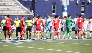 Alex Bonnington celebrates his first collegiate goal in Terrier Tailgate game vs. UMass Lowell