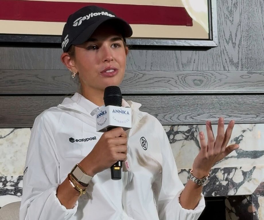 Kai Trump, the granddaughter of President Donald Trump, speaks during a press conference for The Annika LPGA golf tournament, Tuesday, Nov. 11, 2025, in Belleair, Fla.. (AP Photo/Rob Maaddi)