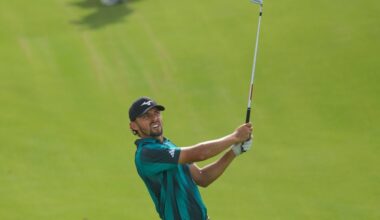 Marco Penge of England watches after playing his second shot on the 17th hole during the first round of Abu Dhabi Golf Championship in Abu Dhabi, United Arab Emirates, Thursday, Nov. 6, 2025. (AP Photo/Altaf Qadri)