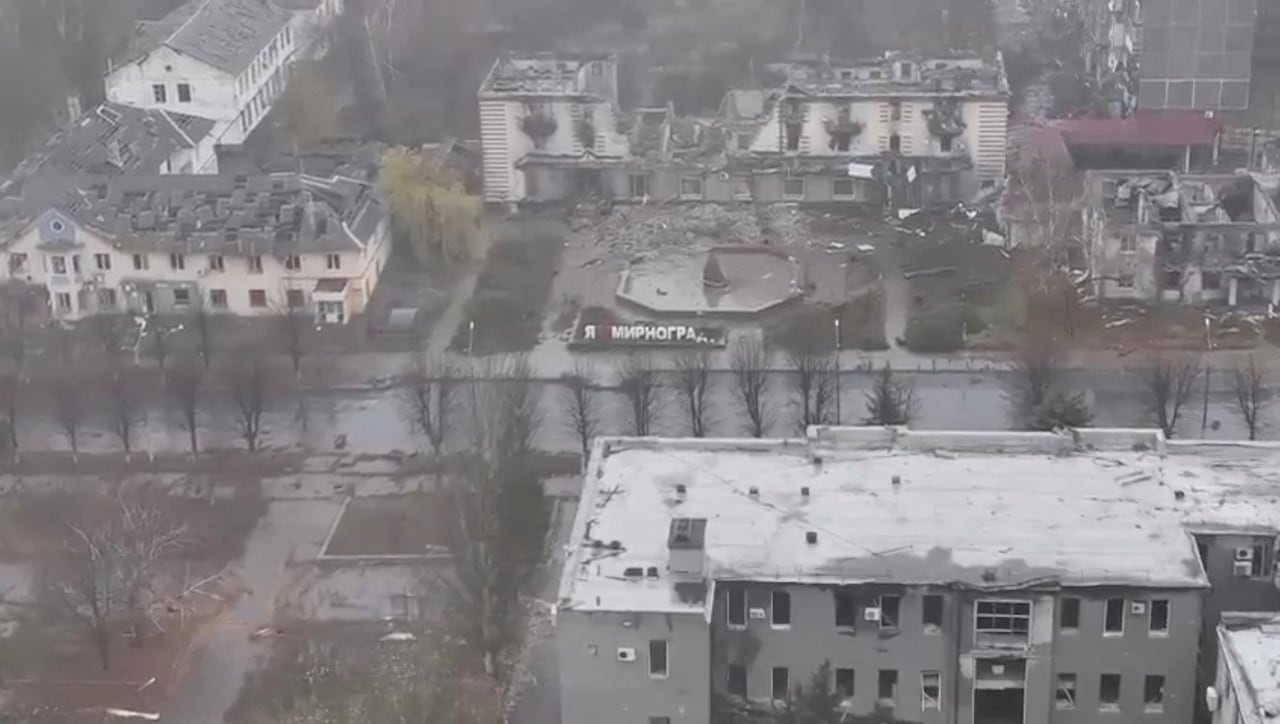 An aerial view shows the town of Myrnohrad, Ukraine in this screengrab from a video released November 12, 2025. Reuters was able to confirm the location of the video by the road layout, trees, buildings and bodies of water that matched satellite imag