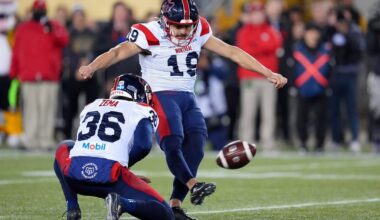 Montreal Alouettes kicker Jose Maltos Diaz (19) kicks the game winning field goal during second half CFL eastern final football action against the Hamilton Tiger-Cats, in Hamilton, Ont., Saturday, Nov. 8, 2025. THE CANADIAN PRESS/Frank Gunn