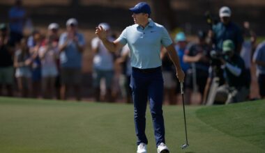 Rory McIlroy of Northern Ireland reacts after a birdie on the 1st hole during the final round of World Tour Golf Championship in Dubai, United Arab Emirates, Sunday, Nov. 16, 2025. (AP Photo/Altaf Qadri)