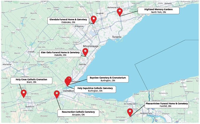 A map showcases the eight locations and the names of the cemeteries.