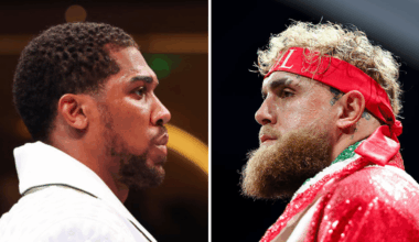 Split-screen image of Anthony Joshua and Jake Paul, side by side, highlighting the British heavyweight champion and the YouTuber-turned-boxer in boxing stances.