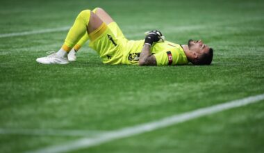 Valour FC goalkeeper Eleias Himaras lies on the field after the Vancouver Whitecaps defeated Valour FC during a Canadian Championship quarterfinal soccer match, in Vancouver, B.C., Wednesday, July 9, 2025. THE CANADIAN PRESS/Darryl Dyck