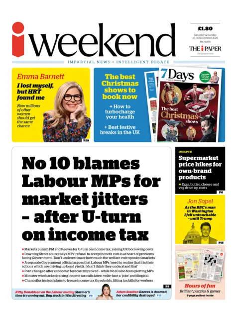 "No 10 blames Labour MPs for market jitters - after U-turn on income tax" reads the headline on the front page of The i Paper.