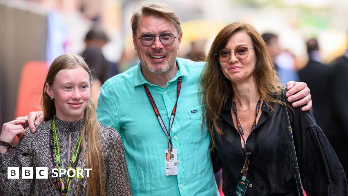 Mika Hakkinen is seen in the Monaco paddock with his daughter Ella Hakkinen and wife Marketa Remesov