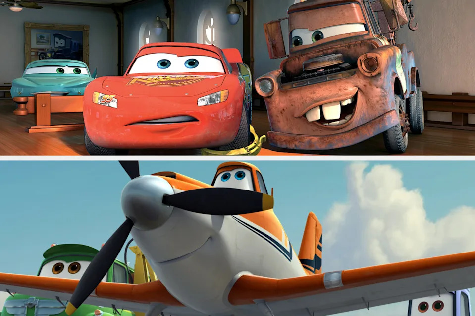 Animated characters from the movie franchises "Cars" and "Planes" are shown, featuring cars in a garage and planes in flight