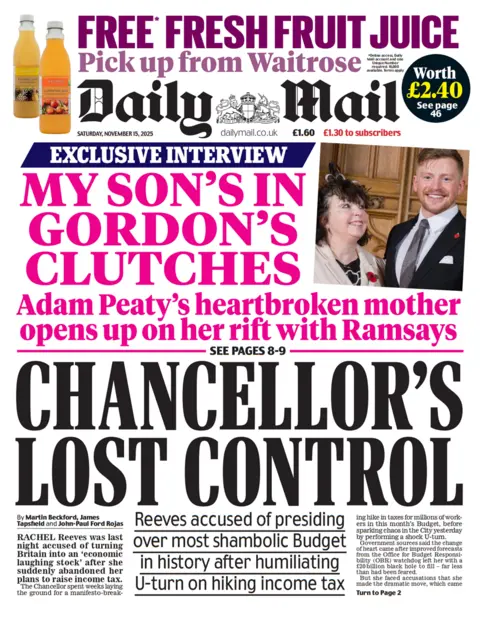 "Chancellor's lost control" reads the headline on the front page of the Daily Mail.