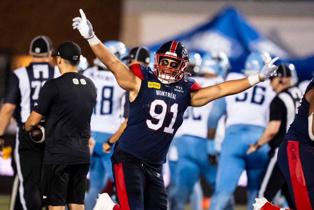 Christopher Katsarov / THE CANADIAN PRESS FILES
Montreal Alouettes’ Isaac Adeyemi-Berglund celebrates after a turnover.
