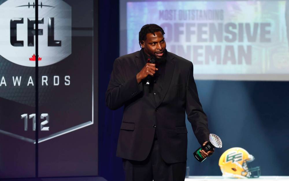 John Woods / THE CANADIAN PRESS
Jermarcus Hardrick of the Saskatchewan Roughriders was nemed the CFL’s Most Outstanding Offensive Lineman.