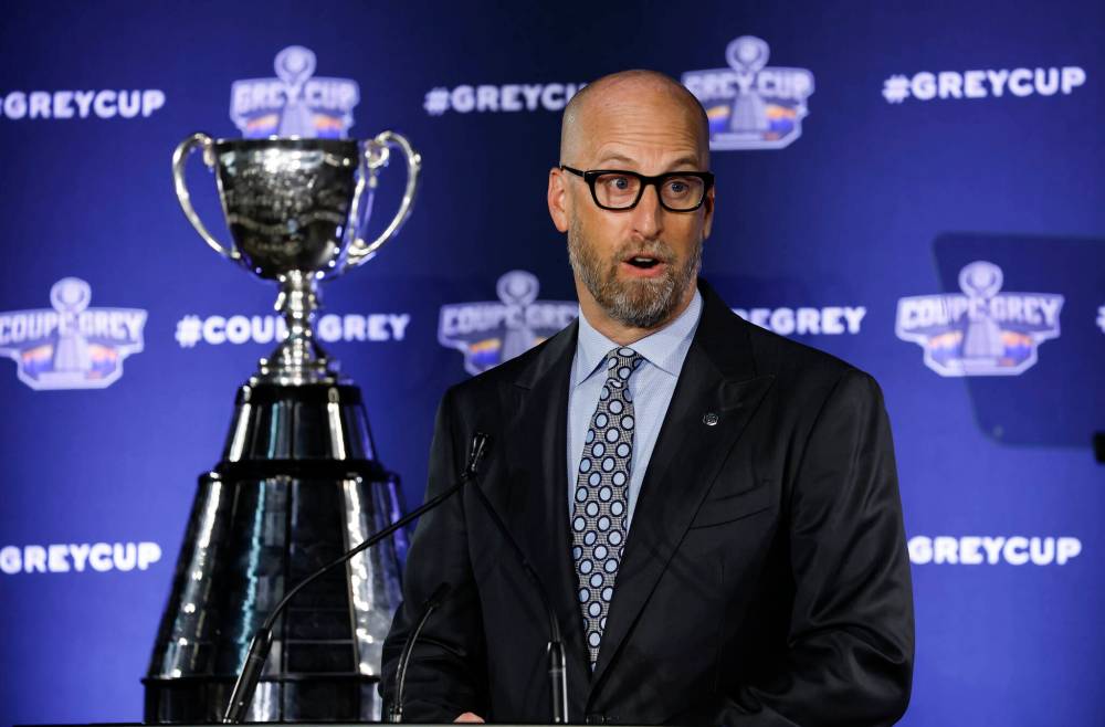 JOHN WOODS / THE CANADIAN PRESS
CFL commissioner Stewart Johnston addresses the media at the 2025 CFL State of the League presentation on Friday.