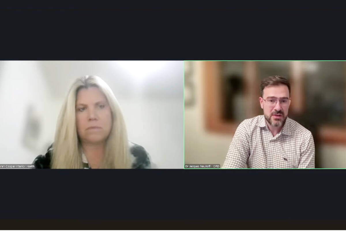 Karen Cooper, executive director, clinical operations, IH West and Dr. Jacques Neuhoff, chief of staff at Cariboo Memorial Hospital, speak to Williams Lake city council via video at the Nov. 4 city council meeting. (City of Williams Lake video capture)