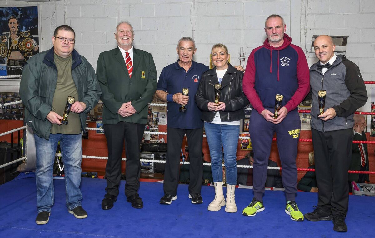 Cork Boxing: Sponsor Conal Thomas, second from left, with Anthony Connolly, Tom Kelleher, Clodagh Mckey-Pelan, Robert O’Driscoll and Shane Forde who received special appreciation awards at the Glen BC Centenary Boxing Show. Picture: Doug Minihane