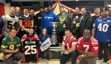 Sick kids at HSC get surprise Grey Cup visit from CFL players