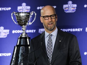 CFL commissioner Stewart Johnston addresses media as he gives his 2025 CFL State of the League presentation in Winnipeg, on Friday, Nov. 14, 2025.