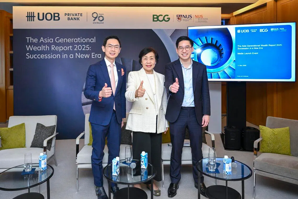Panelists (from left) Mr Chew Mun Yew, Head of UOB Private Bank; Associate Professor Yupana Wiwattanakantang, NUS Business School; and Mr Ernest Saudjana, senior partner at Boston Consulting Group, at the launch of White Paper “The Asia Generational Wealth Report 2025: Succession in a new era”.