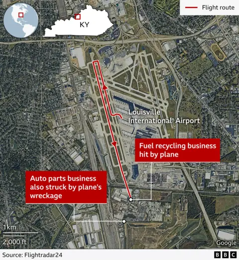 A map graphic showing the route UPS flight 2976 took before it crashed and hit two businesses
