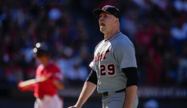 Detroit Tigers starting pitcher Tarik Skubal reacts after his fourth strike out in a row in the seventh inning of Game 1 of the American League Wild Card baseball playoff series against the Cleveland Guardians in Cleveland, Tuesday, Sept. 30, 2025.