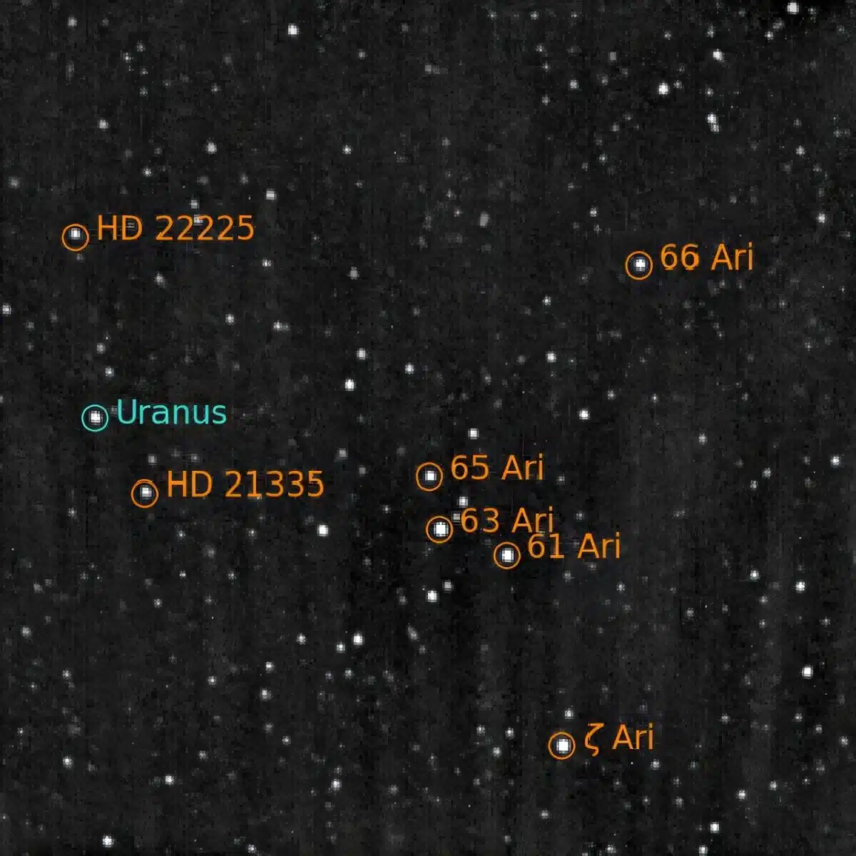An Annotated Version Of The Image, With Labels Identifying Uranus And Several Background Stars