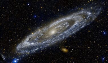 The resplendent Andromeda Galaxy (M31) as imaged by NASA's Galaxy Evolution Explorer. The yellowish galaxy below it is its satellite, M110, and the blue galaxy above it is M32. Andromeda has 39 known dwarf, satellite galaxies, and many of them are quenched long before they actually fall into Andromeda. Image Credit: NASA
