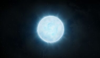 A ball of blue and white light representing a white dwarf star in the darkness of space.