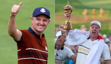 Justin Rose puts his thumb up and also celebrates with the Ryder Cup