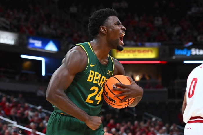 Baylor guard Tounde Yessoufou reacts following a play in the first half of a game against Indiana at Gainbridge Fieldhouse on Oct. 26 in Indianapolis.