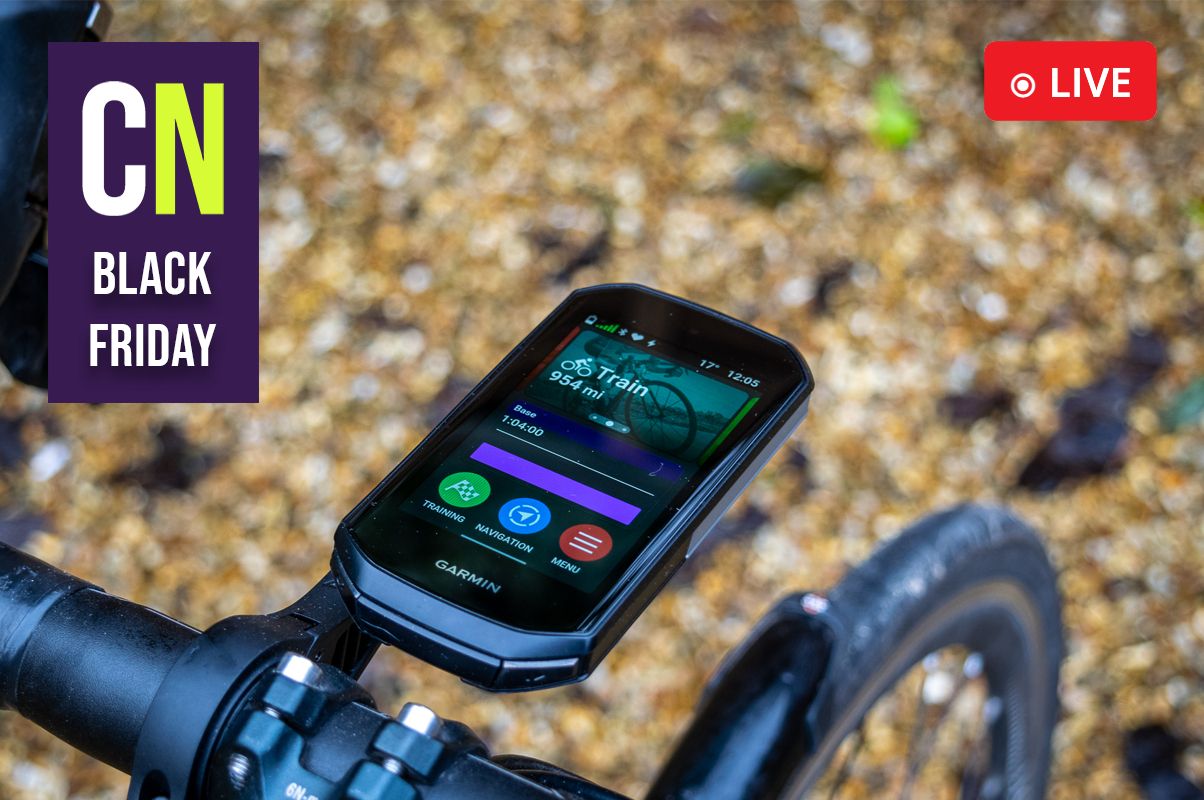 A Garmin Edge 1050 from the Garmin Black Friday sales, overlaid with Black Friday badge and Live icon