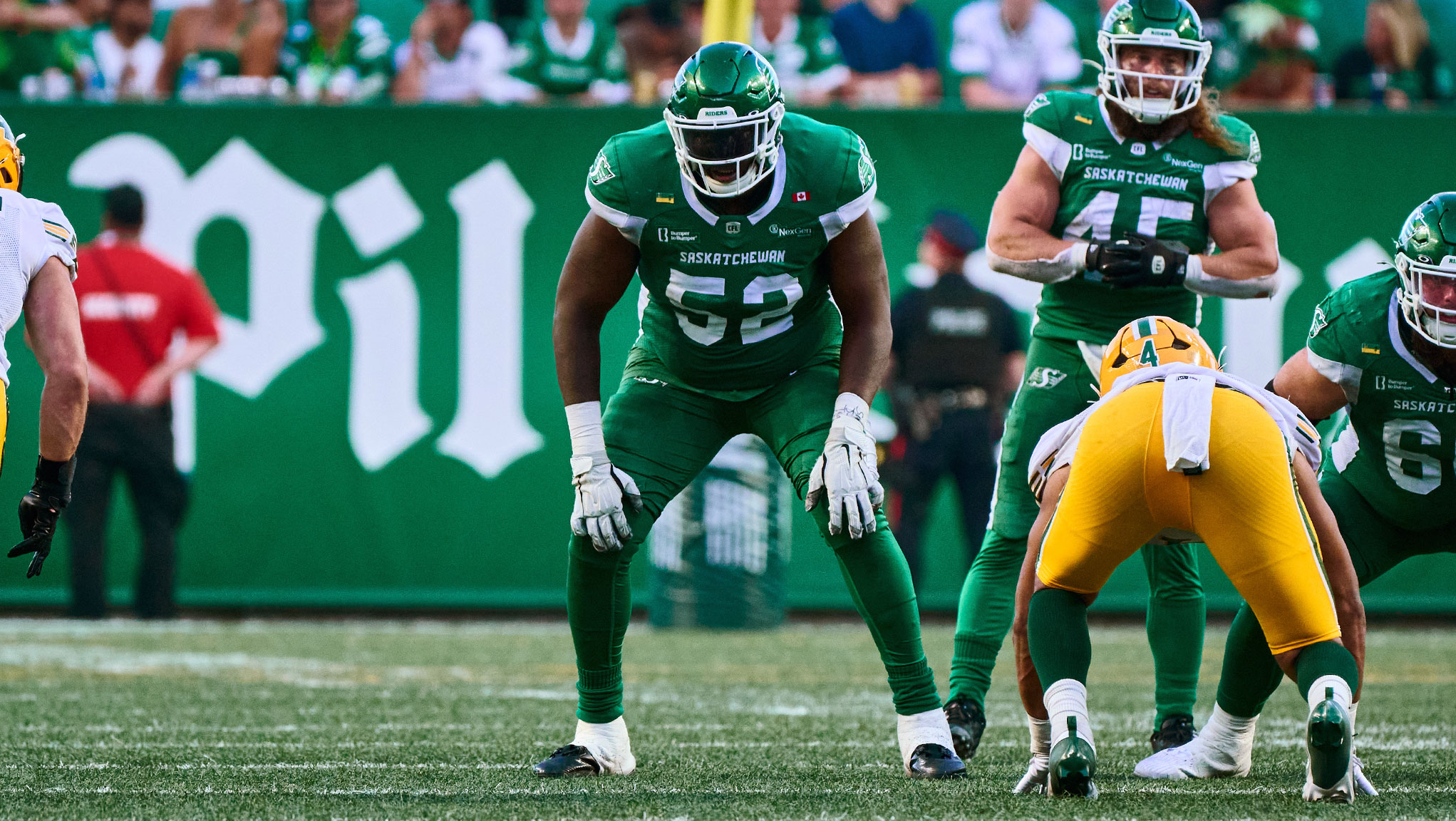Jermarcus Hardrick anchors a Saskatchewan line that did not surrender a sack to the BC Lions in the Western Final (Arthur Ward/CFL.ca)