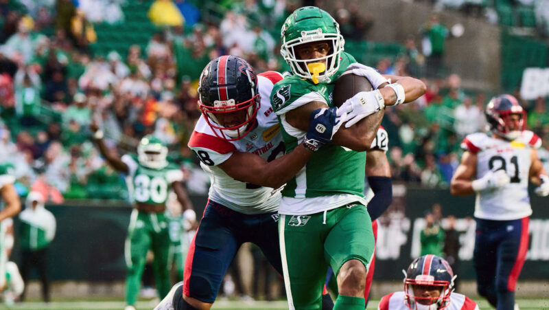KeeSean Johnson has 123 yards and two touchdowns on eight receptions in Saskatchewan's two games against Montreal this season. (Arthur Ward/CFL.ca)