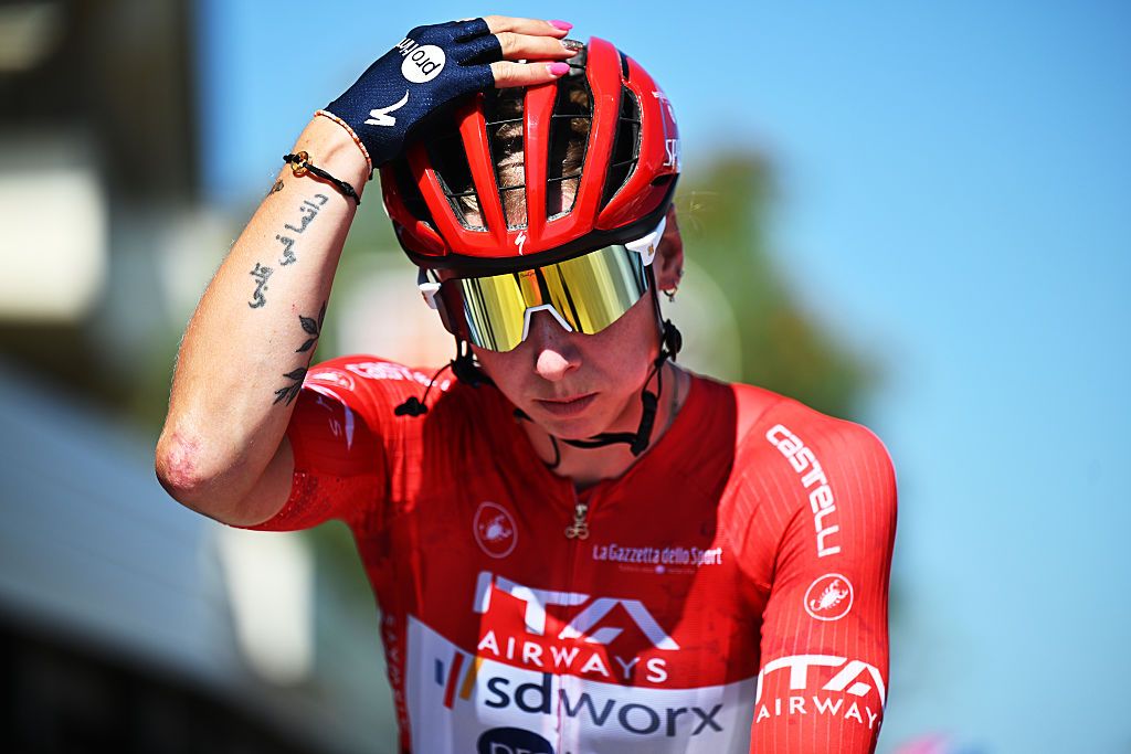 BELLARIA-IGEA MARINA, ITALY - JULY 11: Lorena Wiebes of Netherlands and Team SD Worx - Protime - Red Sprint Jersey prior to the 36th Giro d'Italia Women 2025, Stage 6 a 145km stage from Bellaria-Igea Marina to Terre Roveresche (Orciano di Pesaro) / #UCIWWT / on July 11, 2025 in Bellaria-Igea Marina, Italy. (Photo by Luc Claessen/Getty Images)