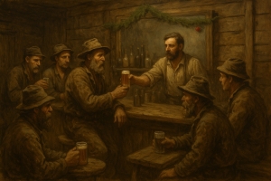 Loggers gather in a camp saloon in the high mountain country where women were few but cheap liquor was plentiful.
