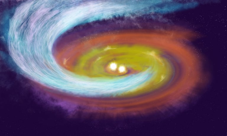 Artist's depiction of a streamer feeding a binary protostar. Credit - NSF/AUI/NSF NRAO/P.Vosteen