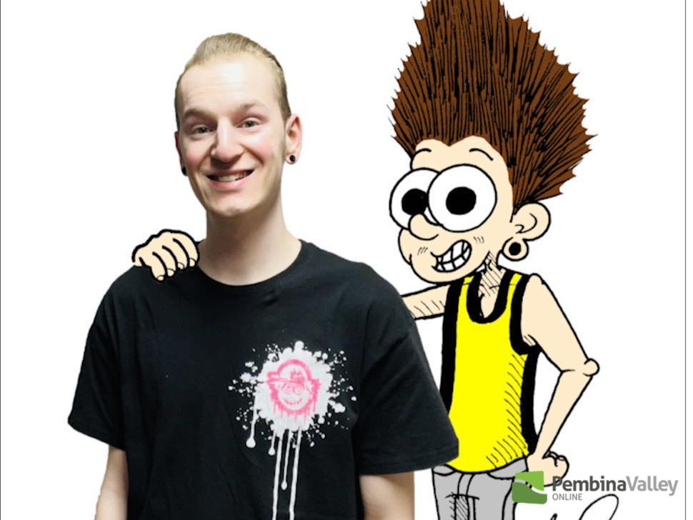 a local artist with a superimposed cartoon he drew beside him