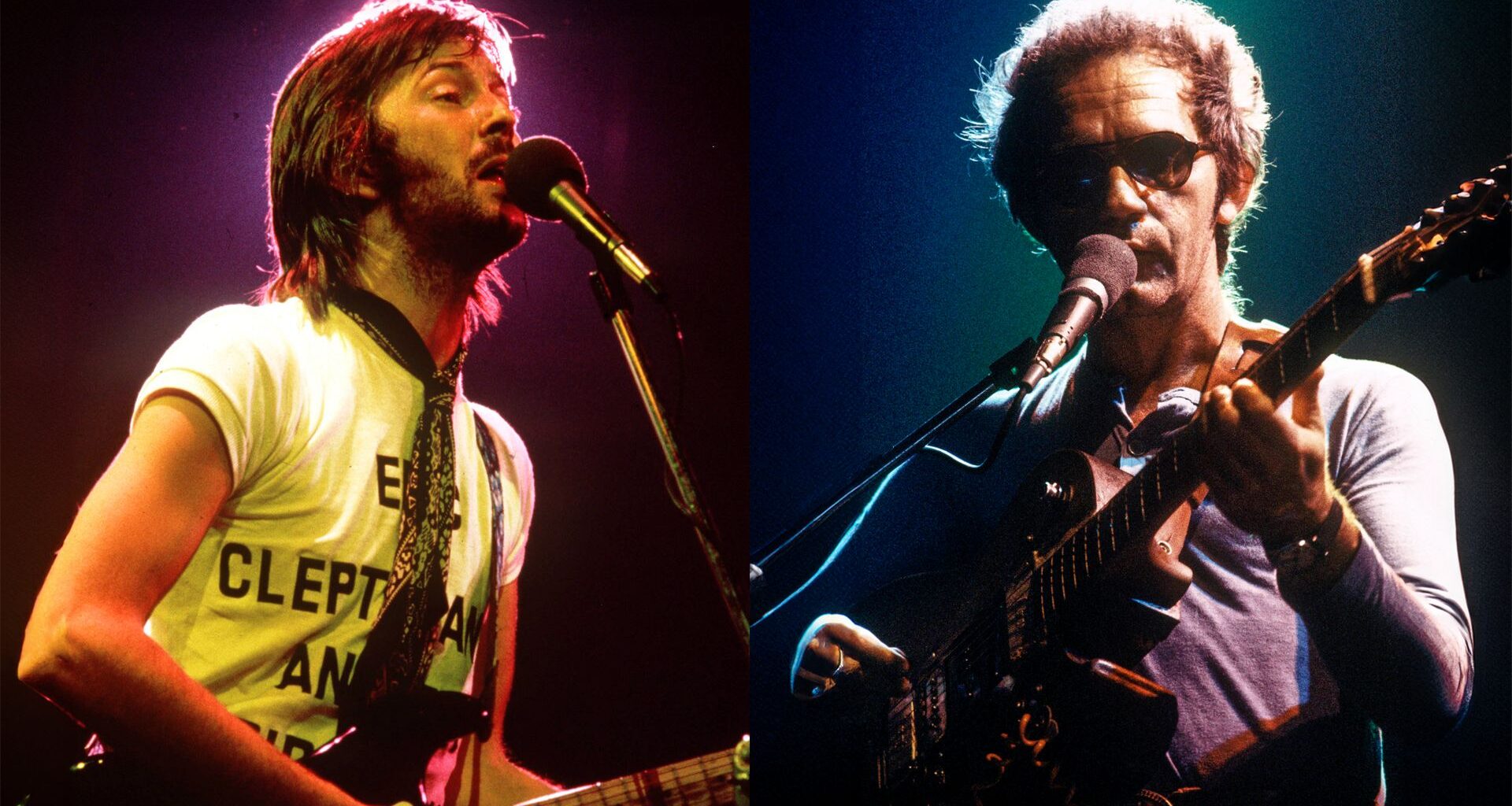 LEFT: British guitarist Eric Clapton performing on stage in Philadelphia during his US tour, July 1974 RIGHT: JJ CALE onstage in 1977