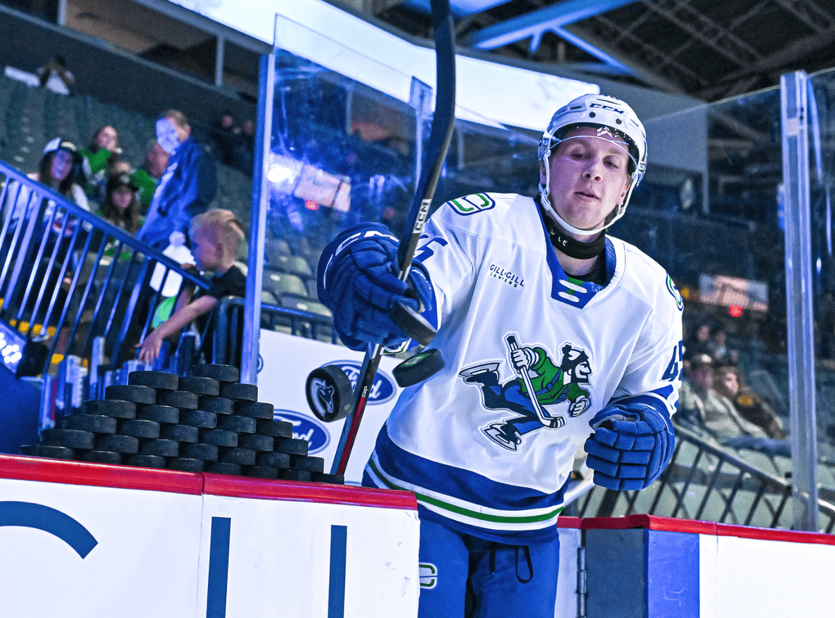 Canucks prospect Sawyer Mynio is holding down the fort in Abbotsford amid string of injuries