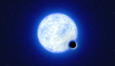 Small black hole: Large glowing white globe with a smaller black orb next to it.